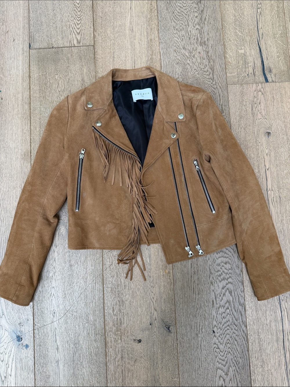 Sandro Brown Suede Fringe Moto Jacket